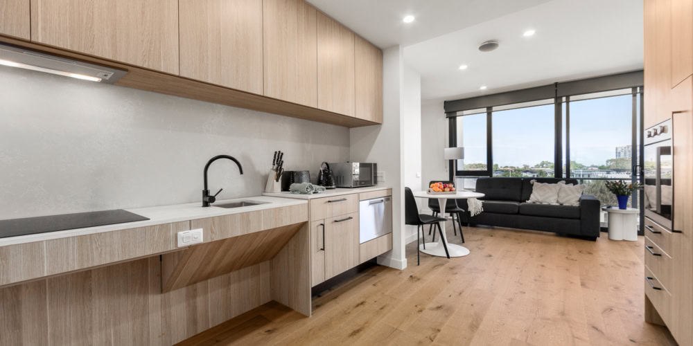Kitchen and living area at Esen