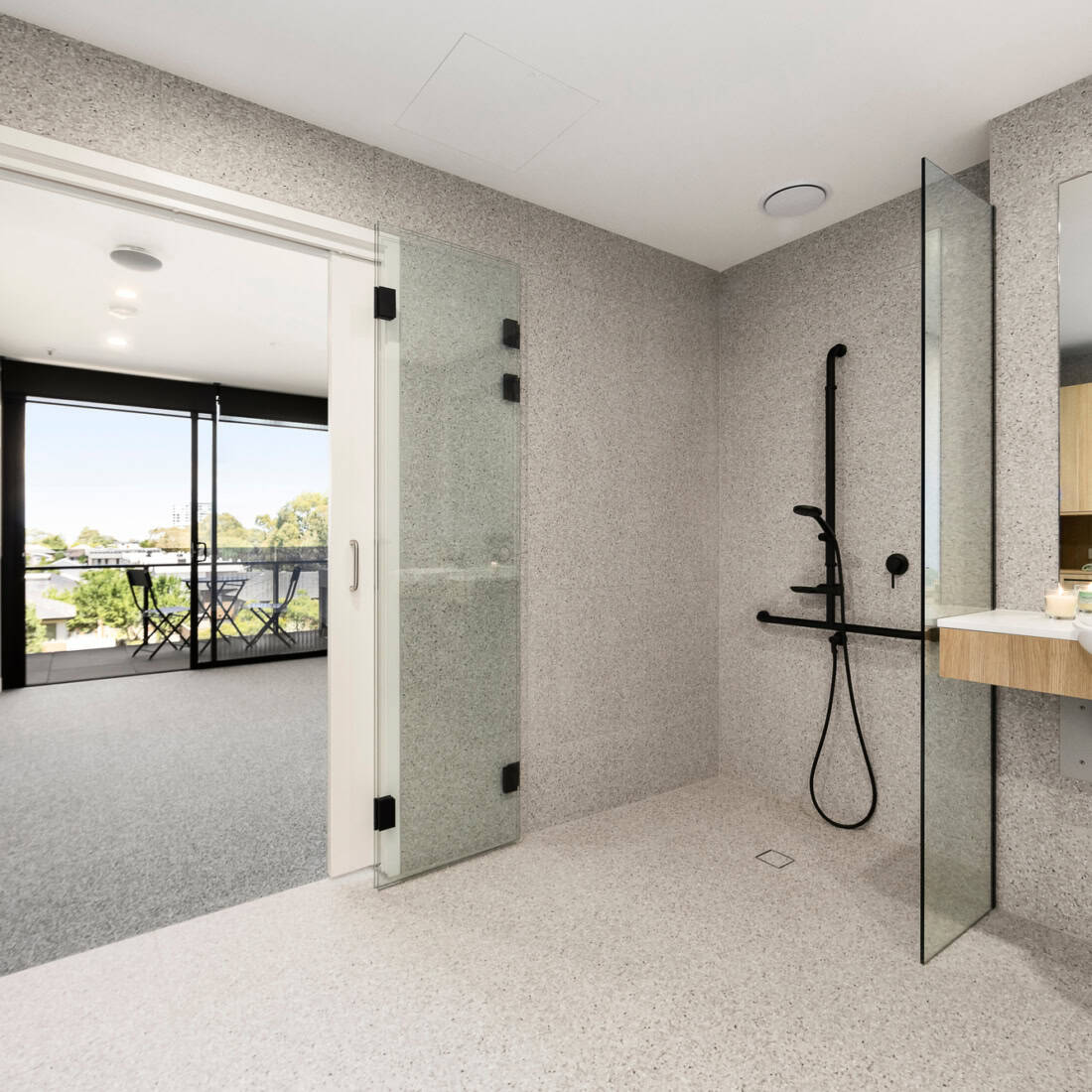 Esen bathroom looking towards the living room